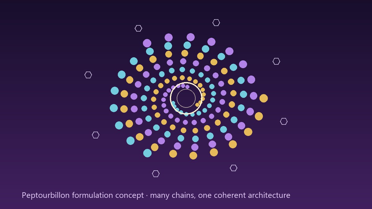 Peptide chains in three colours spiralling into one coherent vortex — the Peptourbillon formulation concept, Panacea Bio Chem
